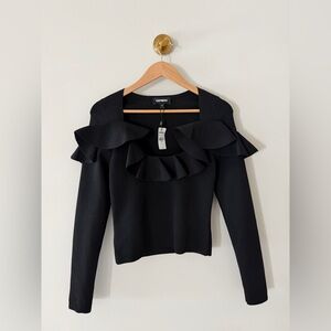 New with Tags - Express Black Ruffled Square-Neck Long Sleeve Top